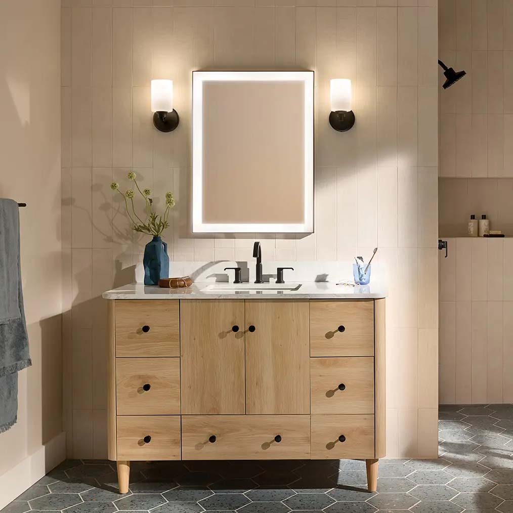 Kichler Gioe Wall Sconces in a modern, attractive bathroom