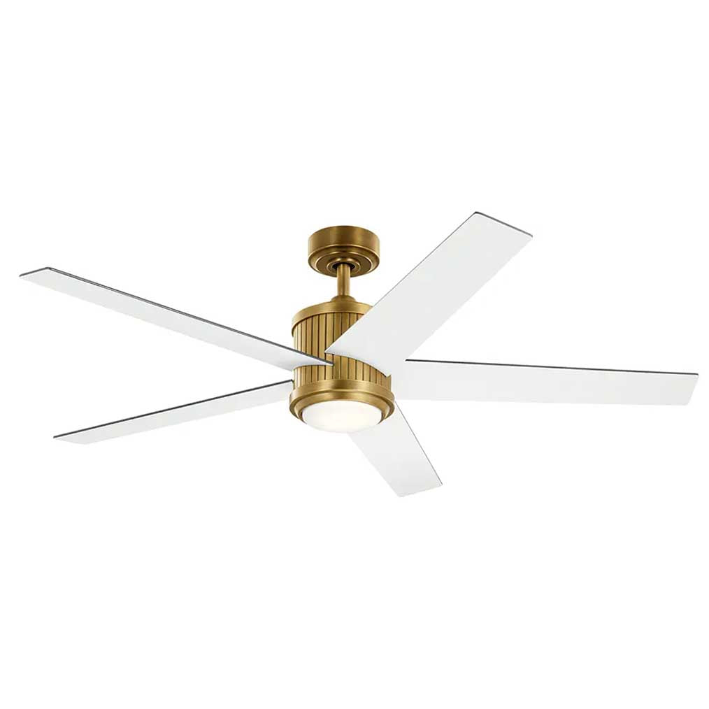 ceiling fan with metal body and white blades by Kichler