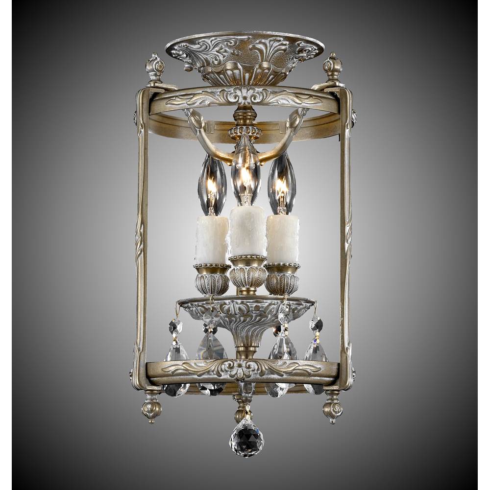 American Brass And Crystal Lantern 3 Light 8 Inch Semi-flush Lantern With Clear Curved Glass And Crystal