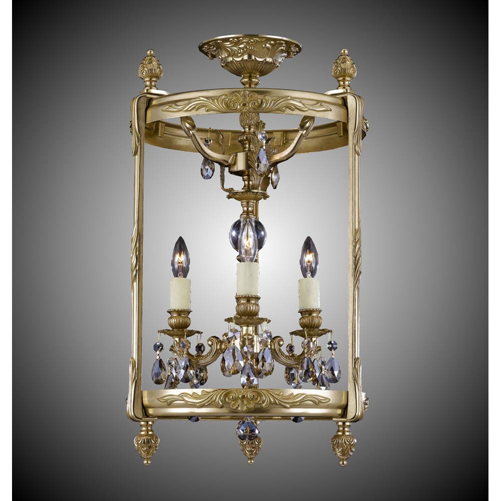 American Brass And Crystal Lantern 3 Light 13 Inch Semi-flush Lantern With Clear Curved Glass And Crystal