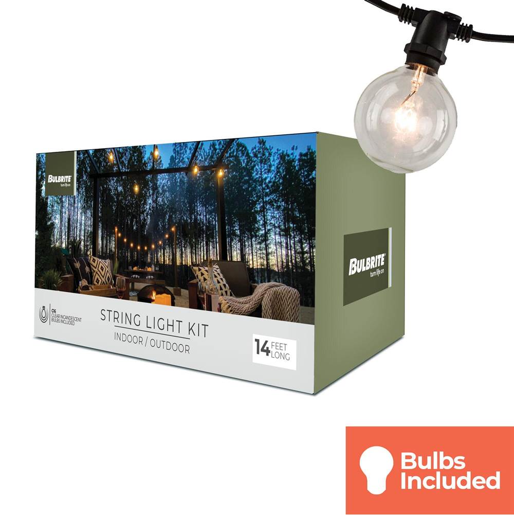 Bulbrite  14' String Light 10 Sockets Kit Black W/11w G16 Clear 120v E12 Lamps