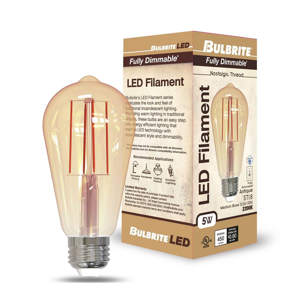 Bulbrite  5w Led St18 2200k Filament Nostalgic Fully Compatible Dimming