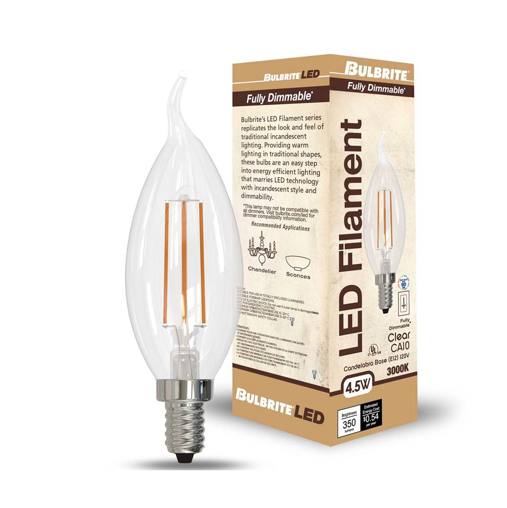 Bulbrite  4.5w Led Ca10 3000k Filament E12 Fully Compatible Dimming