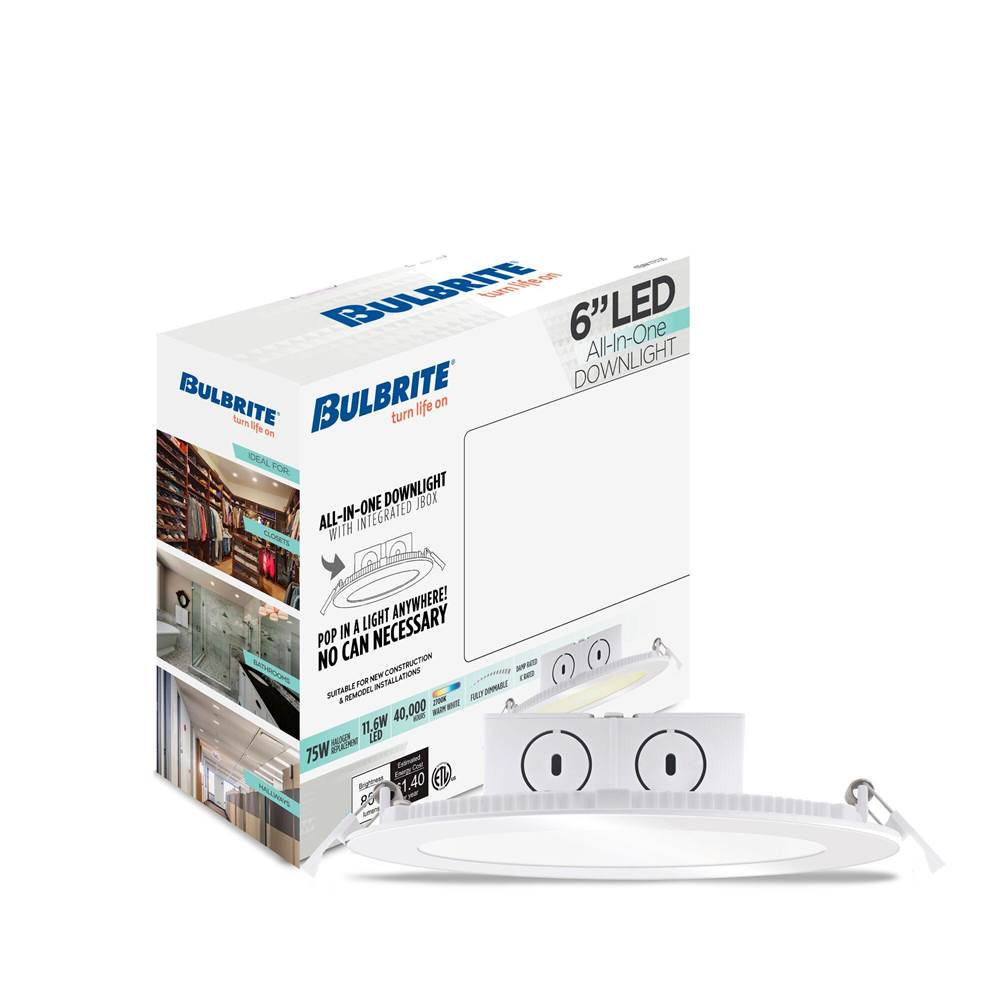 Bulbrite  11.6w Led 6'' Flat Downlight W/ Jbox White Round Dimmable 2700k 120v