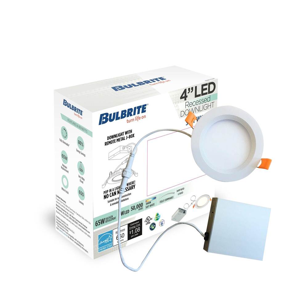 Bulbrite  9w Led 4'' Recessed Downlight W/ Metal Jbox And Baffle White Round Dimmable 90cri 3000k 120v