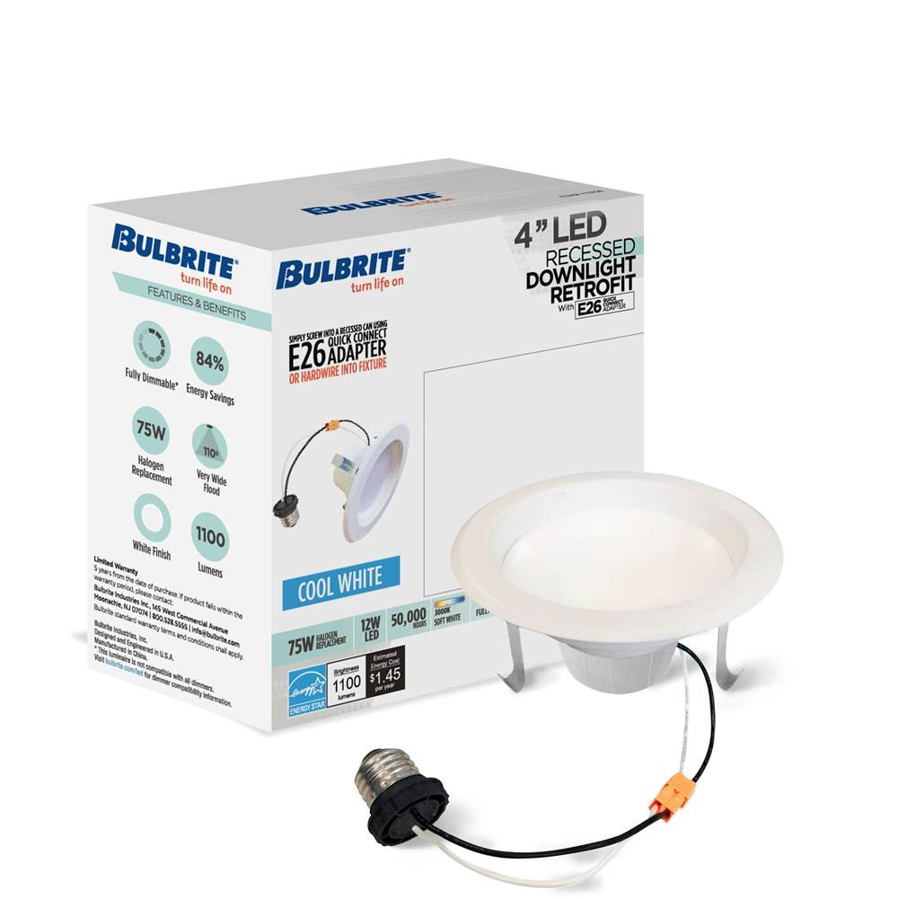 Bulbrite  12w Led 4'' High Lumen Downlight Retrofit Smooth White Round Dimmable 80cri 4000k 120v