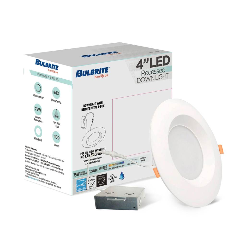 Bulbrite  12w Led 4'' High Lumen Recessed 5cct Downlight W/ Metal Jbox Smooth White Round Dimmable 80cri 120v
