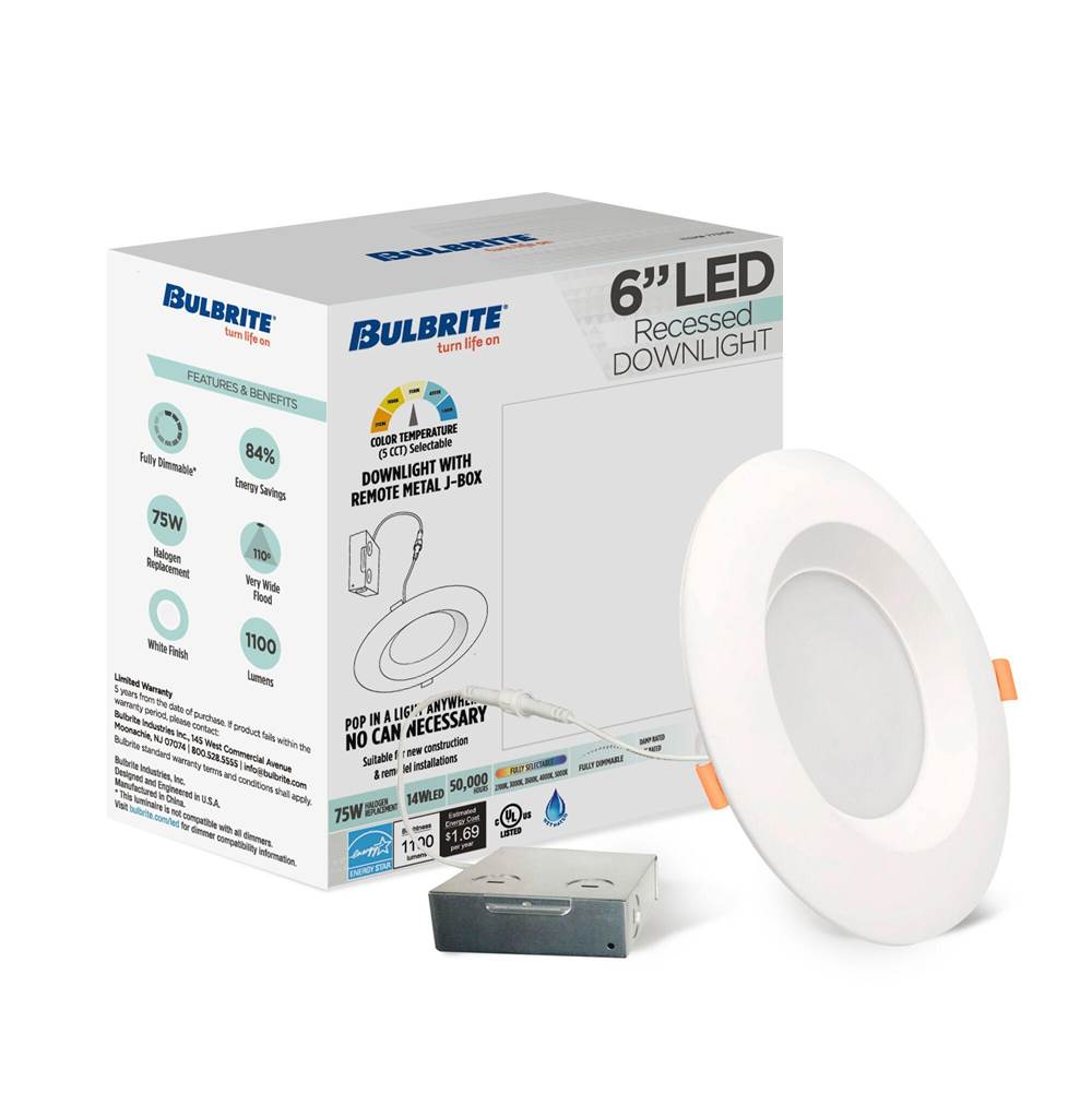 Bulbrite  14w Led 6'' High Lumen Recessed 5cct Downlight W/ Metal Jbox Smooth White Round Dimmable 80cri 120v