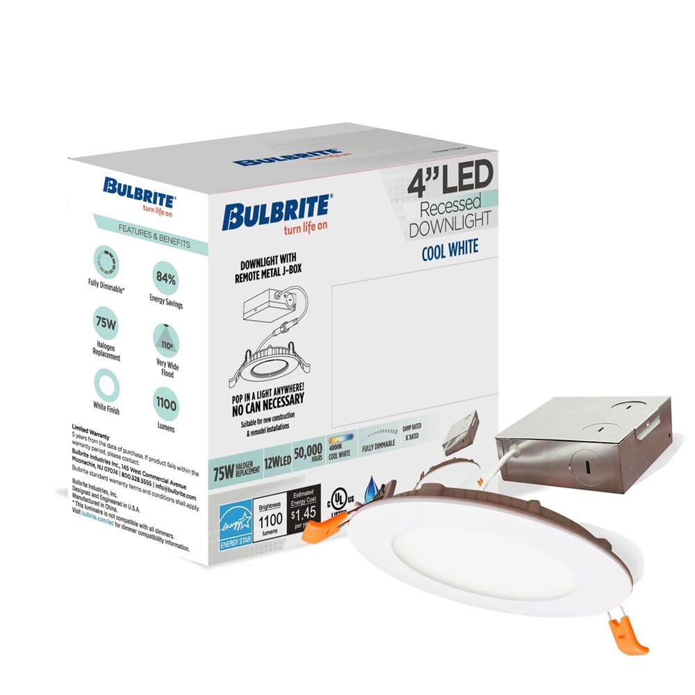 Bulbrite  12w Led 4'' High Lumen Recessed Downlight W/ Metal Jbox White Round Dimmable 80cri 4000k 120v
