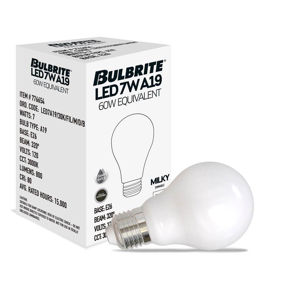 Bulbrite  7w Led A19 3000k Filament Milky E26 Dim
