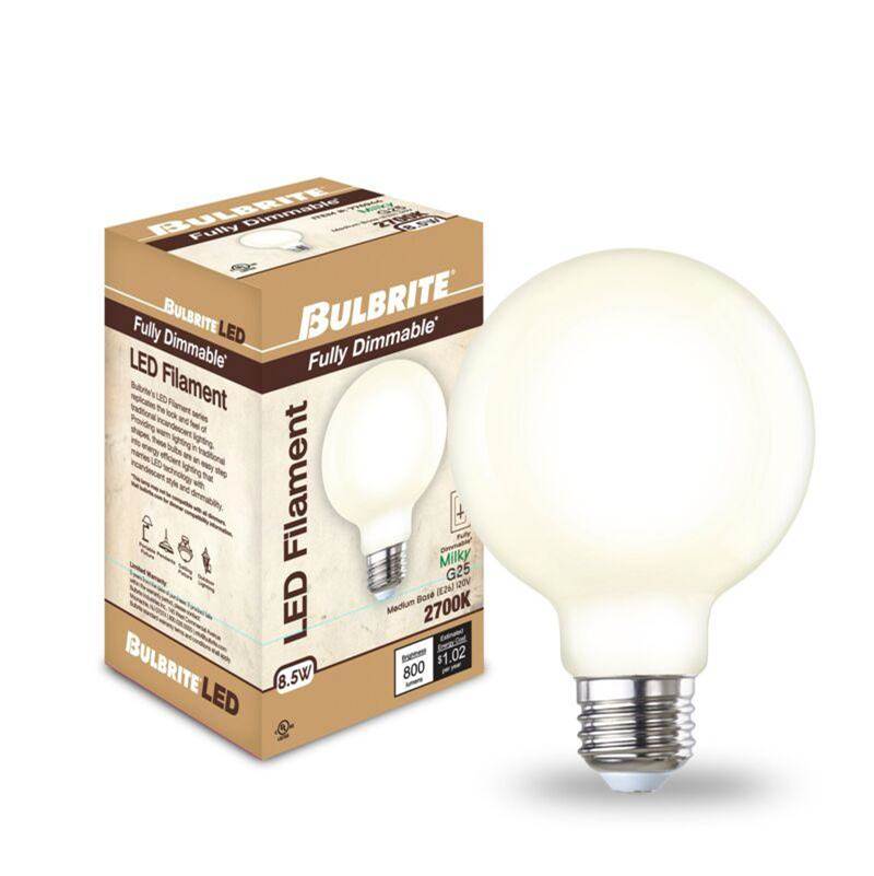 Bulbrite  8.5w Led G25 2700k Filament E26 Milky Fully Compatible Dimming