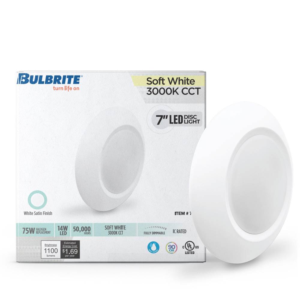 Bulbrite  14w Led 7'' Round Disc Light 3000k White Aluminum With Pigtail