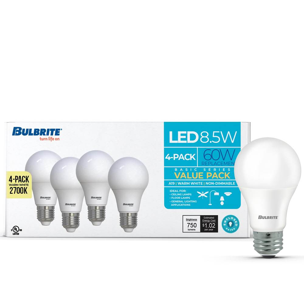 Bulbrite  8.5w Led A19 60w Equiv Basics Non-dimmable 2700k E26 120v - 4pk