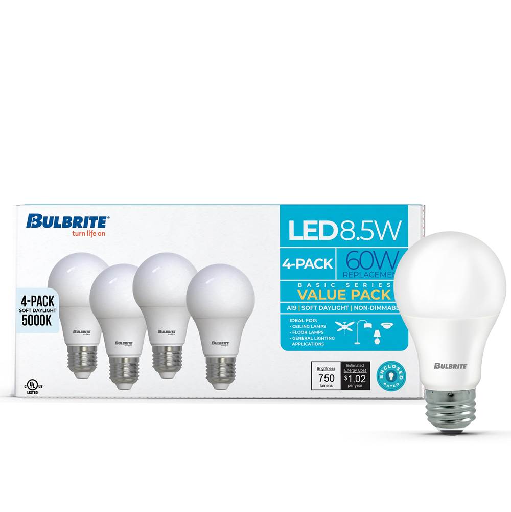 Bulbrite  8.5w Led A19 60w Equiv Basics Non-dimmable 5000k E26 120v - 4pk