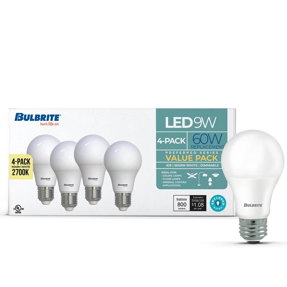 Bulbrite  9w Led A19 60w Equiv Preferred Dimmable 2700k E26 120v - 4pk