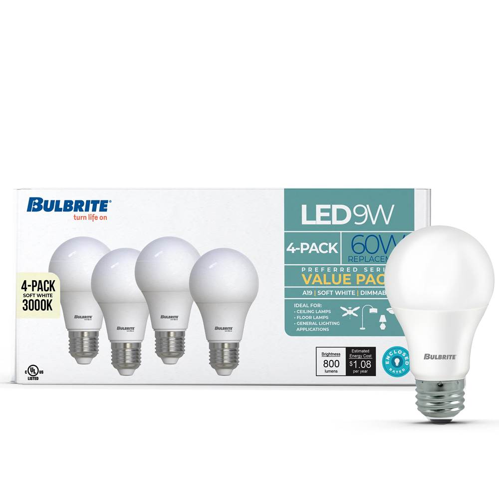 Bulbrite  9w Led A19 60w Equiv Preferred Dimmable 3000k E26 120v - 4pk