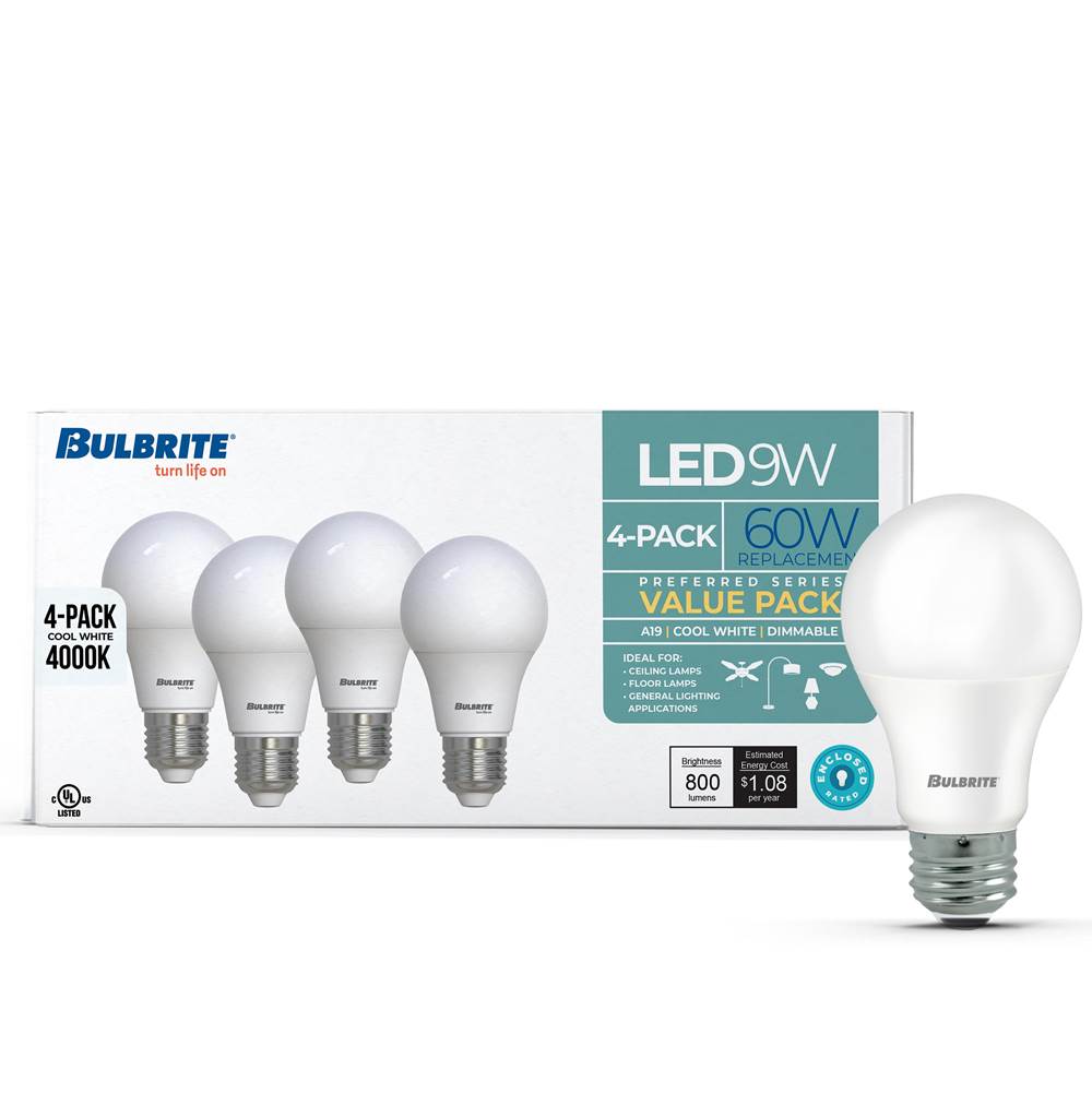 Bulbrite  9w Led A19 60w Equiv Preferred Dimmable 4000k E26 120v - 4pk