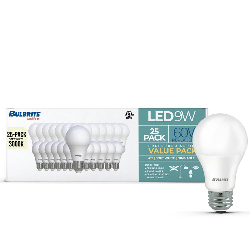 Bulbrite  9w Led A19 60w Equiv Preferred Dimmable 3000k E26 120v - 25pk