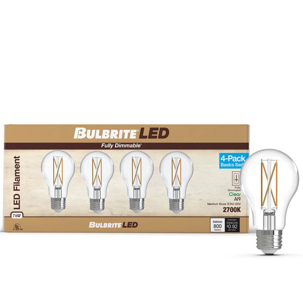 Bulbrite  7w Led A19 2700k Filament E26 Dim - 4pk