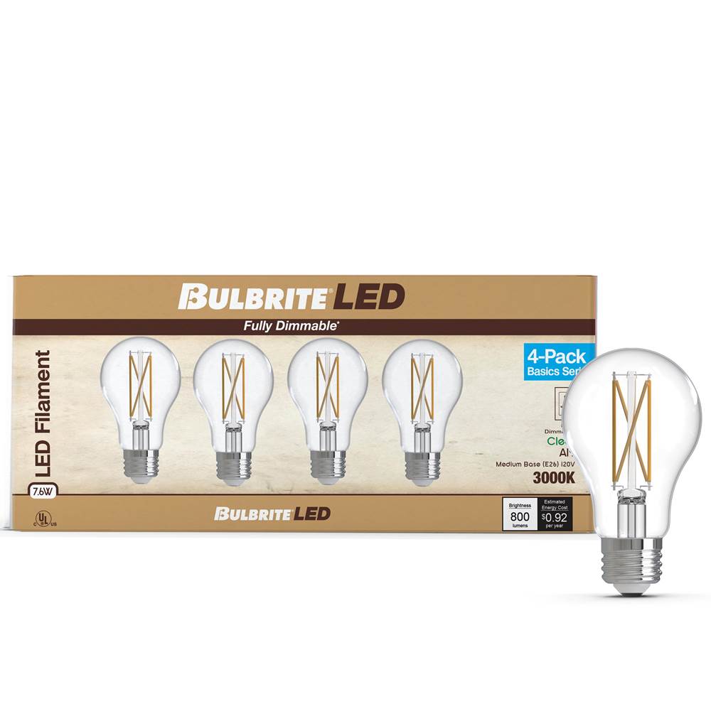 Bulbrite  7w Led A19 3000k Filament E26 Dim - 4pk