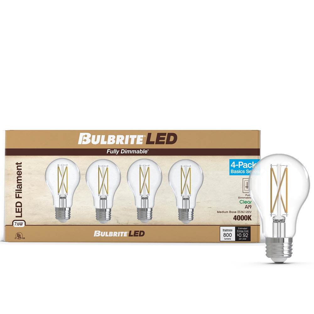 Bulbrite  7w Led A19 4000k Filament E26 Dim - 4pk