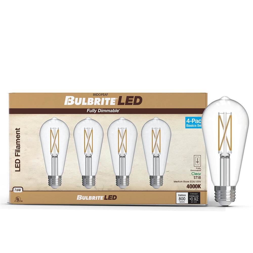 Bulbrite  7w Led St18 4000k Filament E26 Dim - 4pk