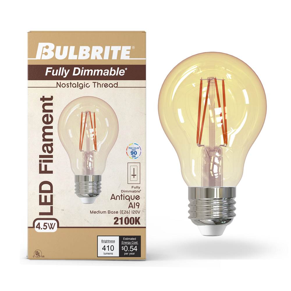 Bulbrite  4.5w Led A19 2100k Filament Nostalgic E26 Fully Compatible Dimming