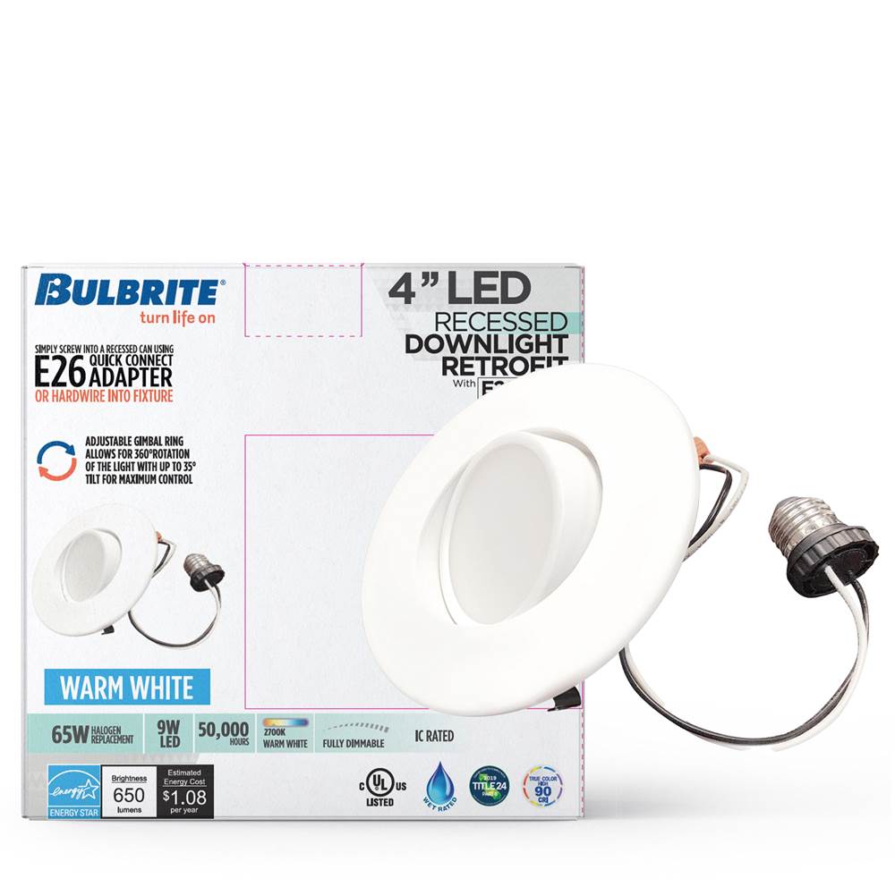 Bulbrite  9w Led 4'' Downlight Adjustable Retrofit W/gimbal 3000k White Round Dimmable Ja8 120v