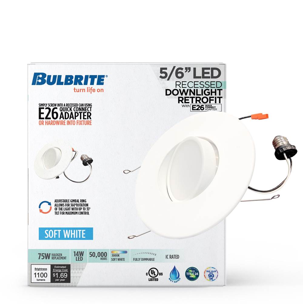 Bulbrite  14w Led 5/6'' Downlight Adjustable Retrofit W/gimbal 3000k White Round Dimmable Ja8 120v