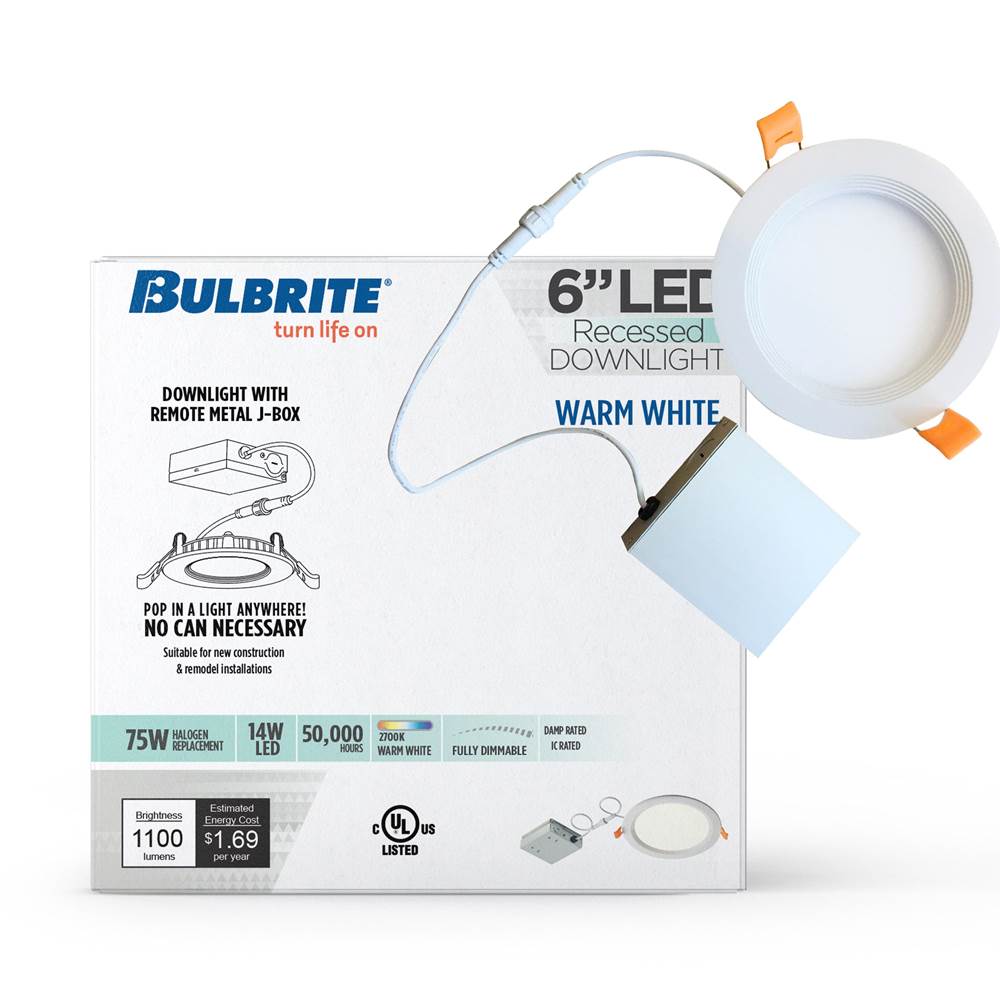 Bulbrite  14w Led 6'' Recessed Downlight W/ Metal Jbox And Baffle White Round Dimmable 90cri 2700k 120v