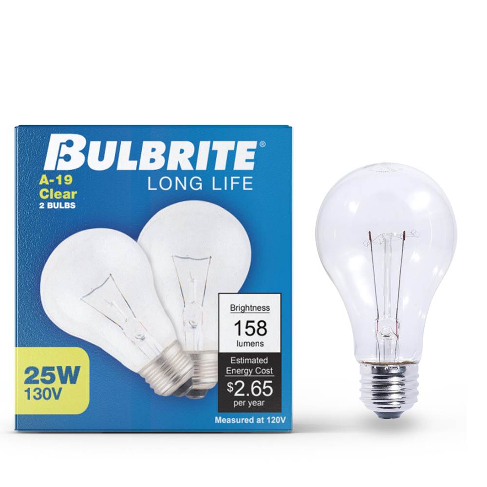 Bulbrite  25w A19 Clear E26 130v 2pk