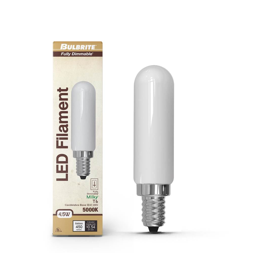 Bulbrite  4.5w Led T6 5000k Filament E12 Milky Fully Compatible Dimming