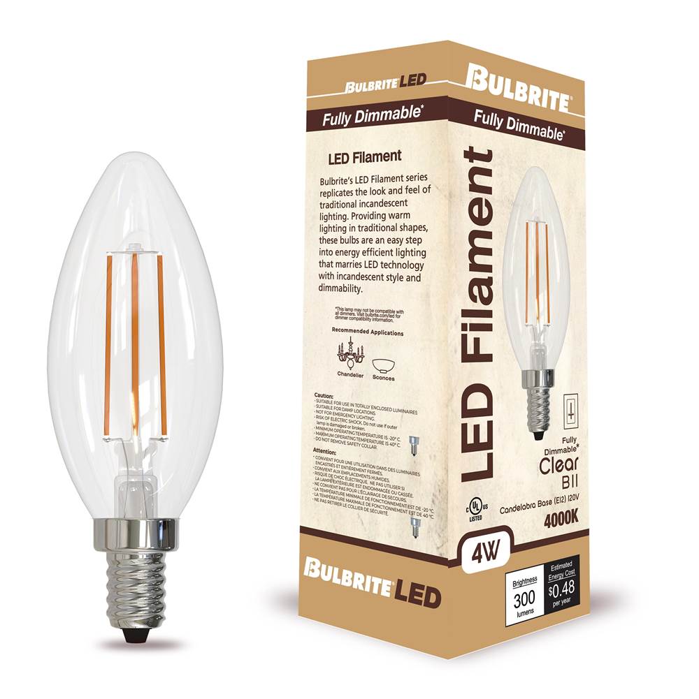 Bulbrite  4w Led B11 4000k Filament E12 Fully Compatible Dimming Ja8
