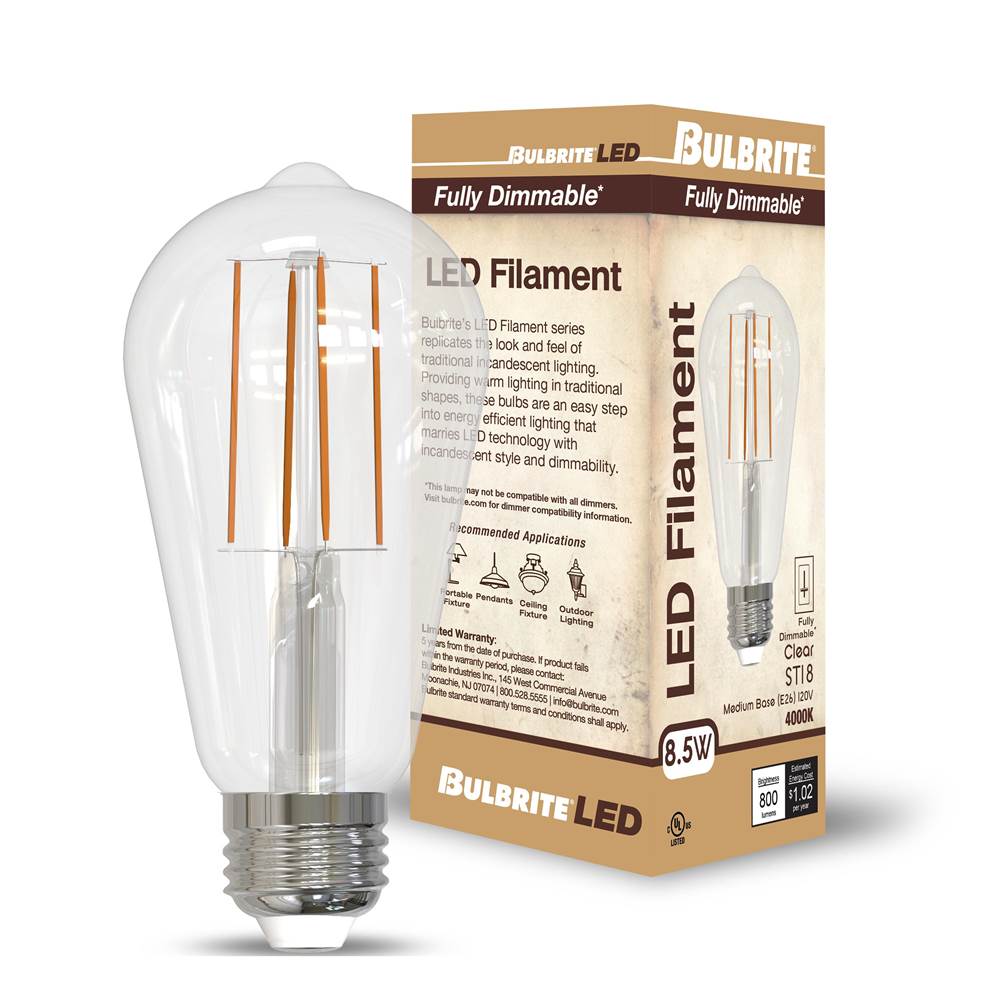Bulbrite  8.5w Led St18 4000k Filament Fully Compatible Dimming Ja8