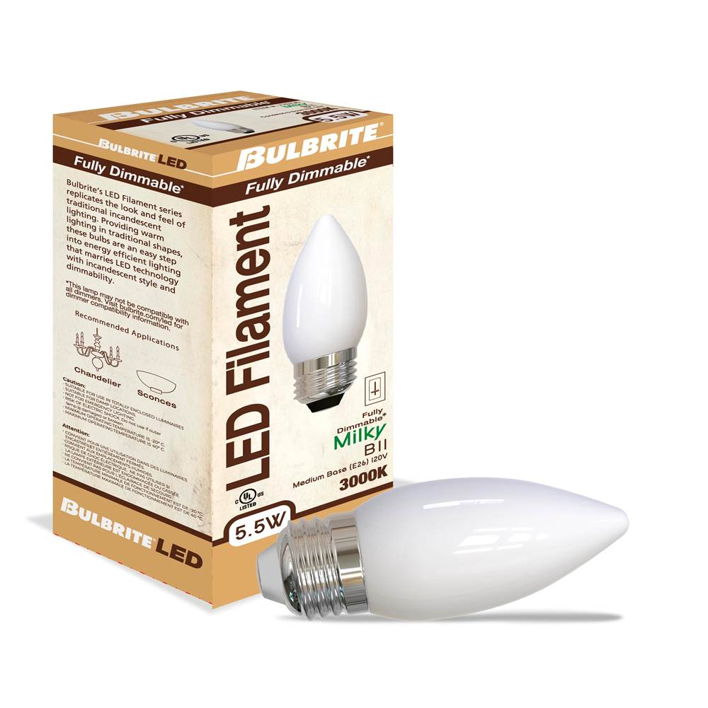 Bulbrite  5.5w Led B11 3000k Filament E26 Milky Fully Compatible Dimming
