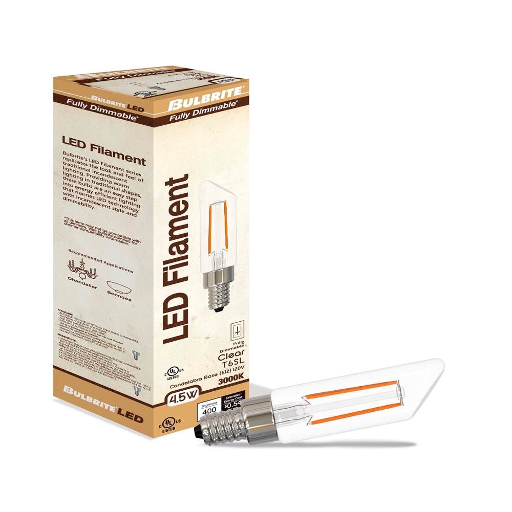 Bulbrite  4.5w Led T6sl 3000k Filament E12 Fully Compatible Dimming