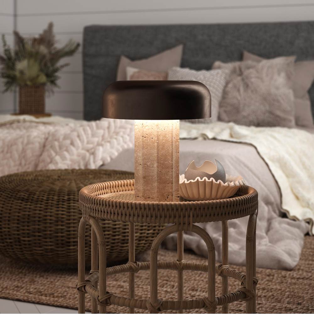 Bulbrite K70500 Travertine Cordless Table Lamp Fluted Column Travertine Chocolate Bronze Image 2