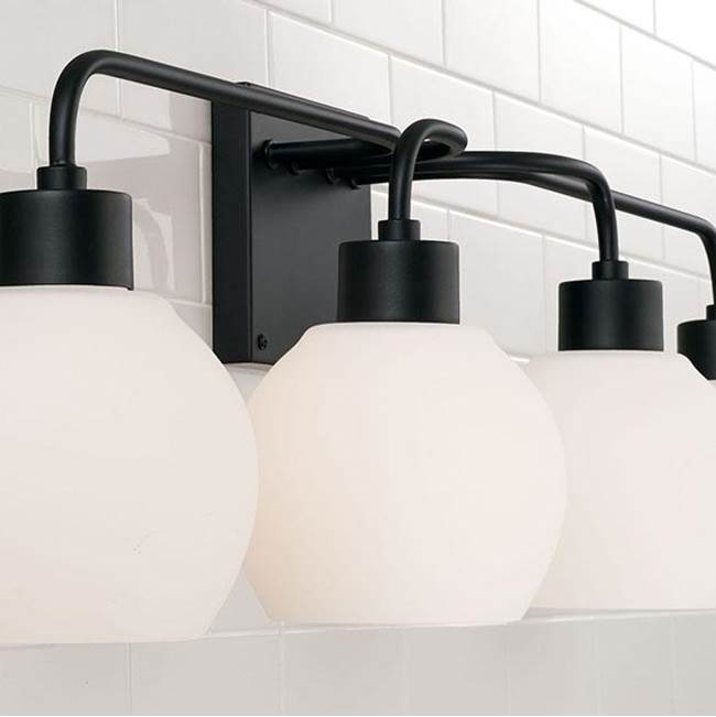 Capital Lighting Tanner 34''w X 9.75''h 4-light Vanity In Matte Black With Soft White Glass Globes