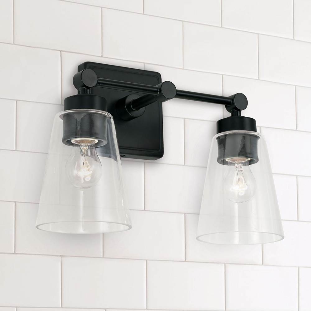 Capital Lighting 121821MB-432 Matte Black 14'' W X 10'' H X 7'' E 2-light Vanity In Matte Black With Clear Cone Glass Shades Image 2