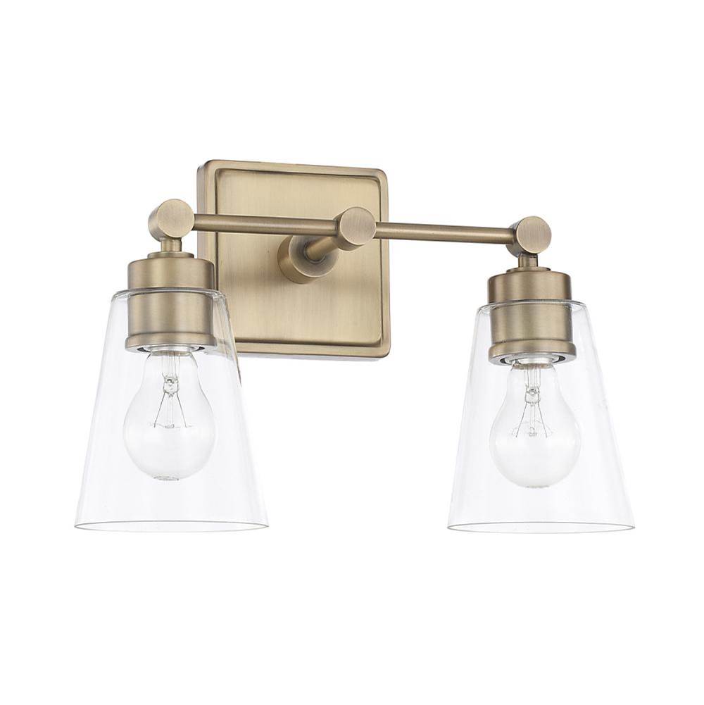 Capital Lighting Rory 14'' W X 10'' H X 7'' E 2-light Vanity In Aged Brass With Clear Cone Glass Shades