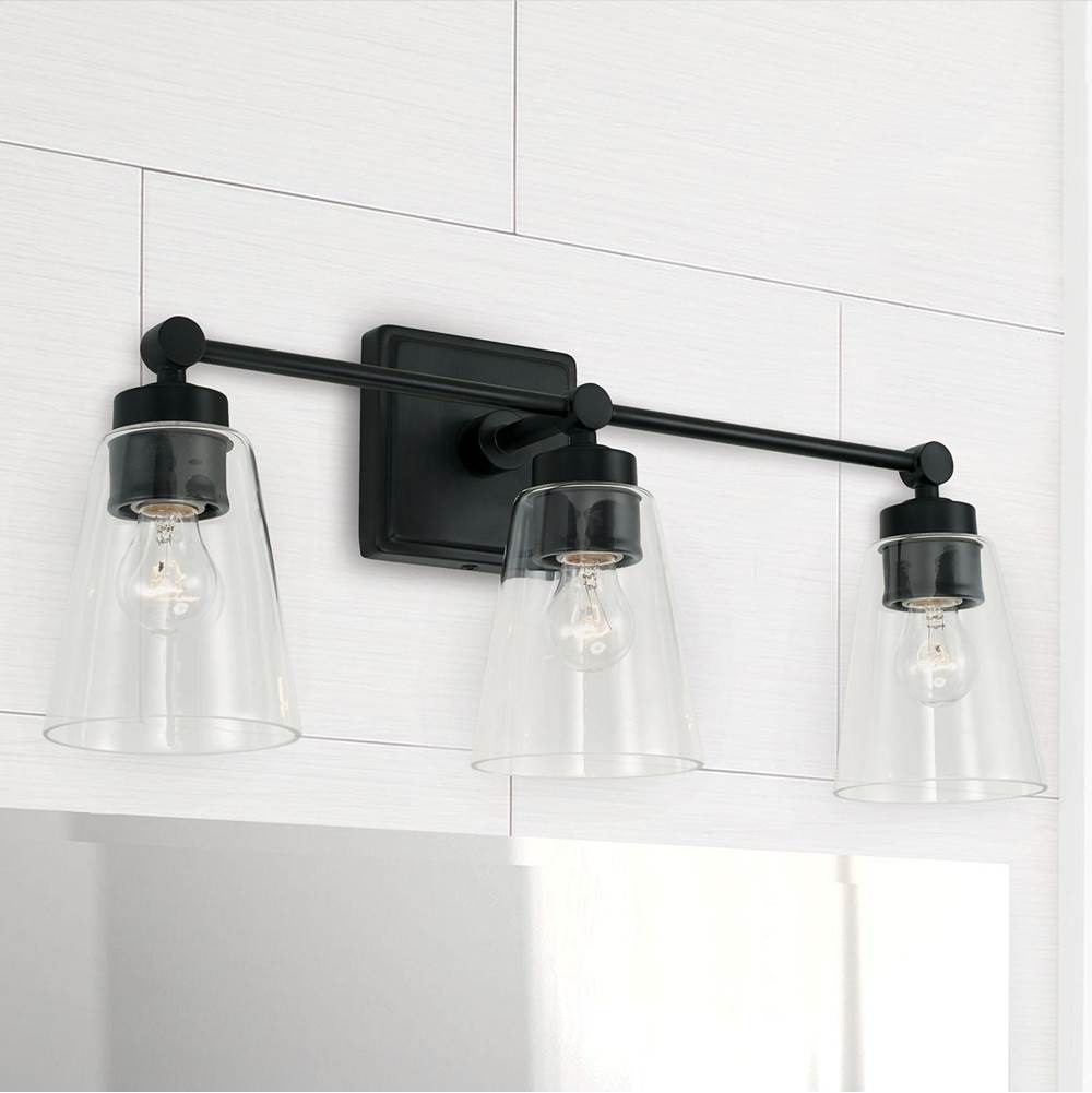 Capital Lighting 121831MB-432 Matte Black 23'' W X 10'' H X 7'' E 3-light Vanity In Matte Black With Clear Cone Glass Shades Image 2