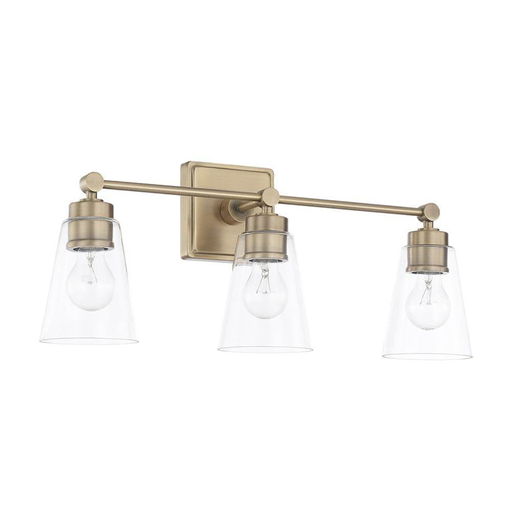 Capital Lighting Rory 23'' W X 10'' H X 7'' E 3-light Vanity In Aged Brass With Clear Cone Glass Shades