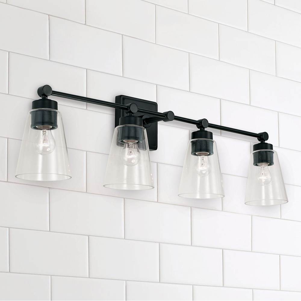 Capital Lighting 121841MB-432 Matte Black 33'' W X 10'' H X 7'' E 4-light Vanity In Matte Black With Clear Cone Glass Shades Image 2