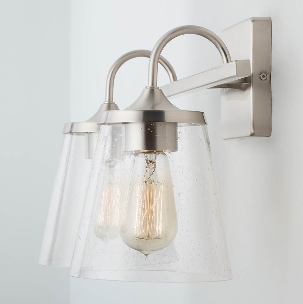 Capital Lighting Jayne 15'' W X 10.5'' H X 9'' E 2-light Vanity In Aged Brass With Clear Seeded Cone Glass Shades