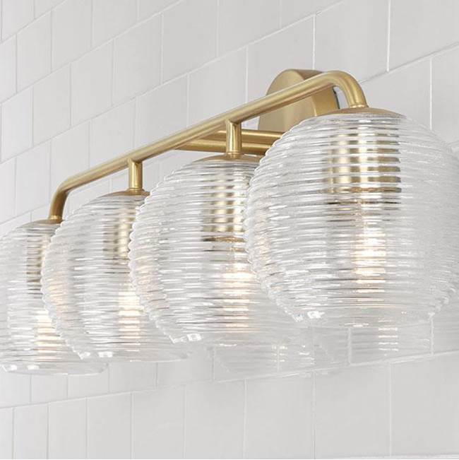 Capital Lighting Dolan 33.5''w X 9.5''h 4-light Vanity In Matte Brass With Clear Ribbed Glass