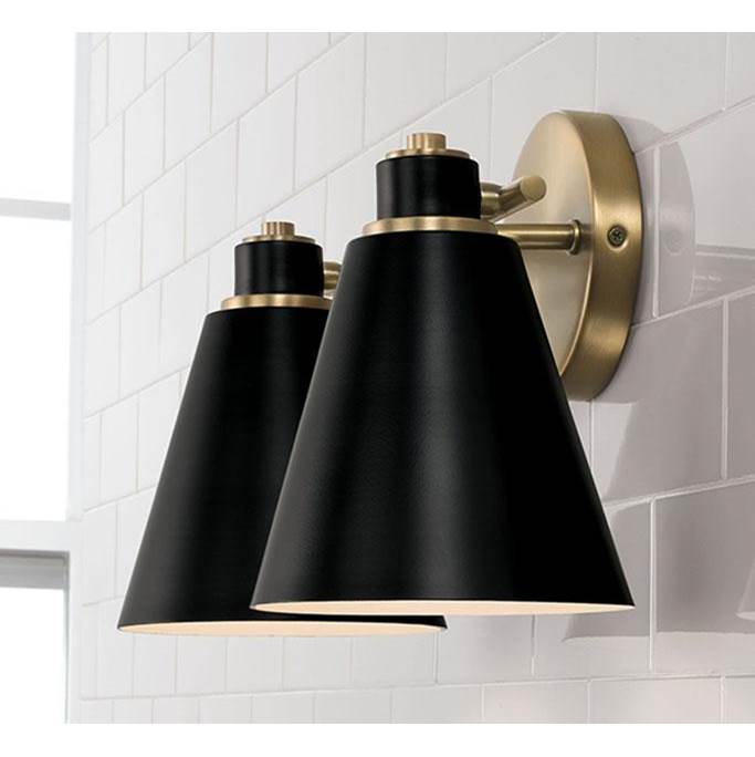 Capital Lighting Bradley 15''w X 9''h 2-light Vanity In Aged Brass And Black Metal Shade With White Interior