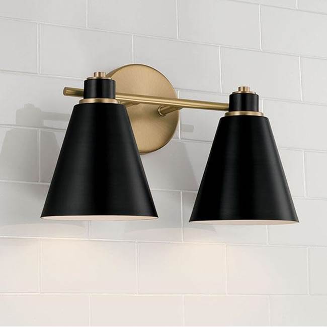 Capital Lighting 150121AB Aged Brass,Black 15''w X 9''h 2-light Vanity In Aged Brass And Black Metal Shade With White Interior Image 3