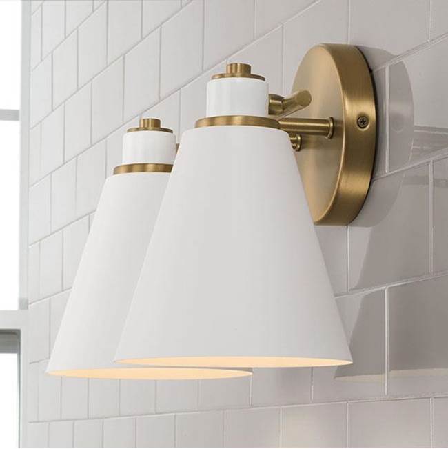 Capital Lighting Bradley 15''w X 9''h 2-light Vanity In Aged Brass And Black Metal Shade With White Interior