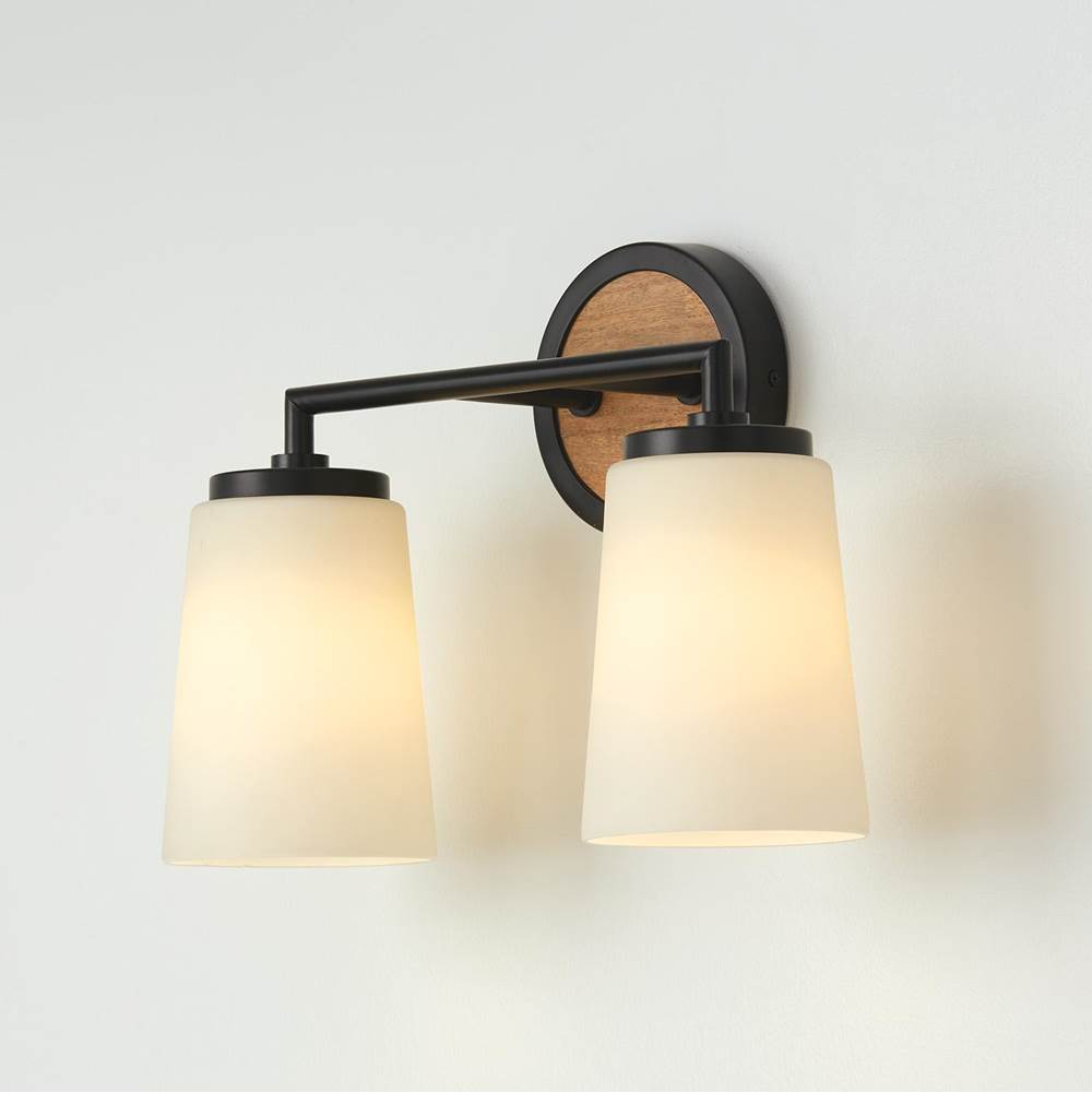 Capital Lighting Jonah 14''w X 10.25''h 2-light Vanity In Matte Black And Mango Wood With Soft White Glass