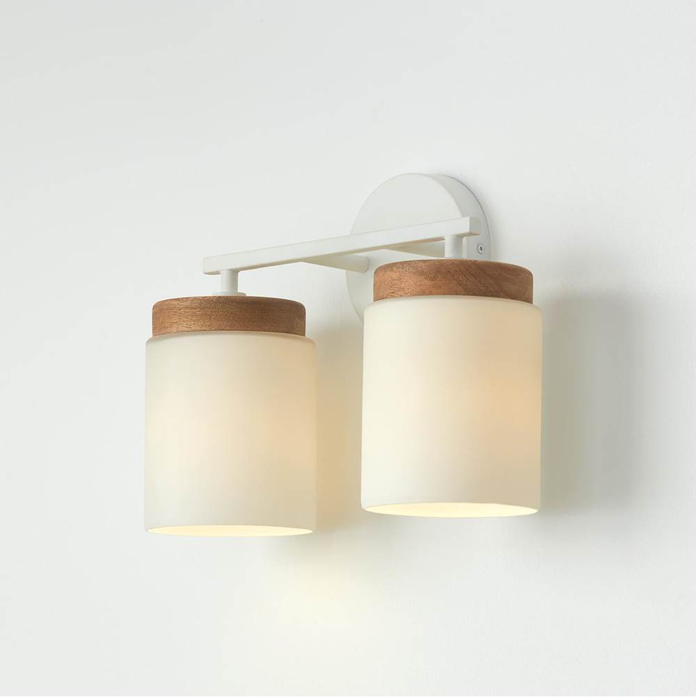Capital Lighting Liam 14''w X 10.25''h 2-light Cylindrical Vanity In White With Mango Wood And Soft White Glass